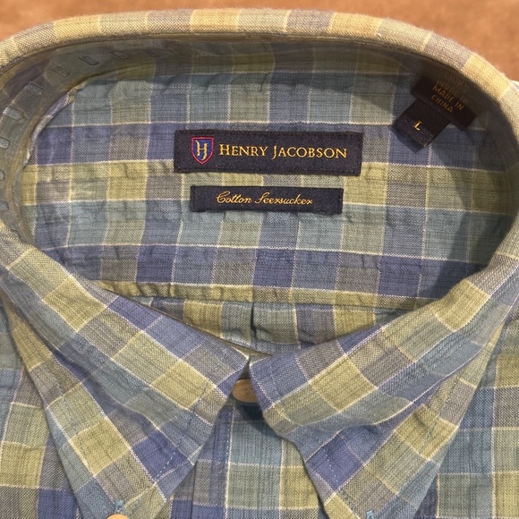 New Henry Jacobson, size Large, blue/sea foam cotton seersucker sport shirt - Picture 2 of 3